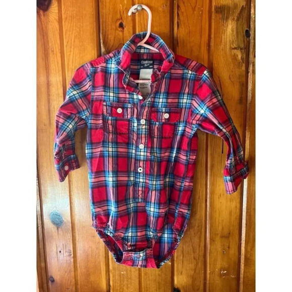 OshKosh B'gosh Plaid Button-Up One-piece, Size 24 Months Red Long Sleeve Toddler - Picture 1 of 3
